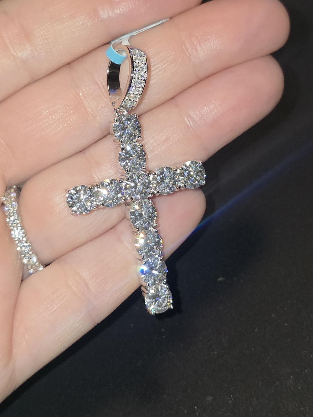 925 Sterling Silver 9.05 CTW VVS D Color Moissanite Tennis Cross Pendant 55mm - Picture 2 of 9